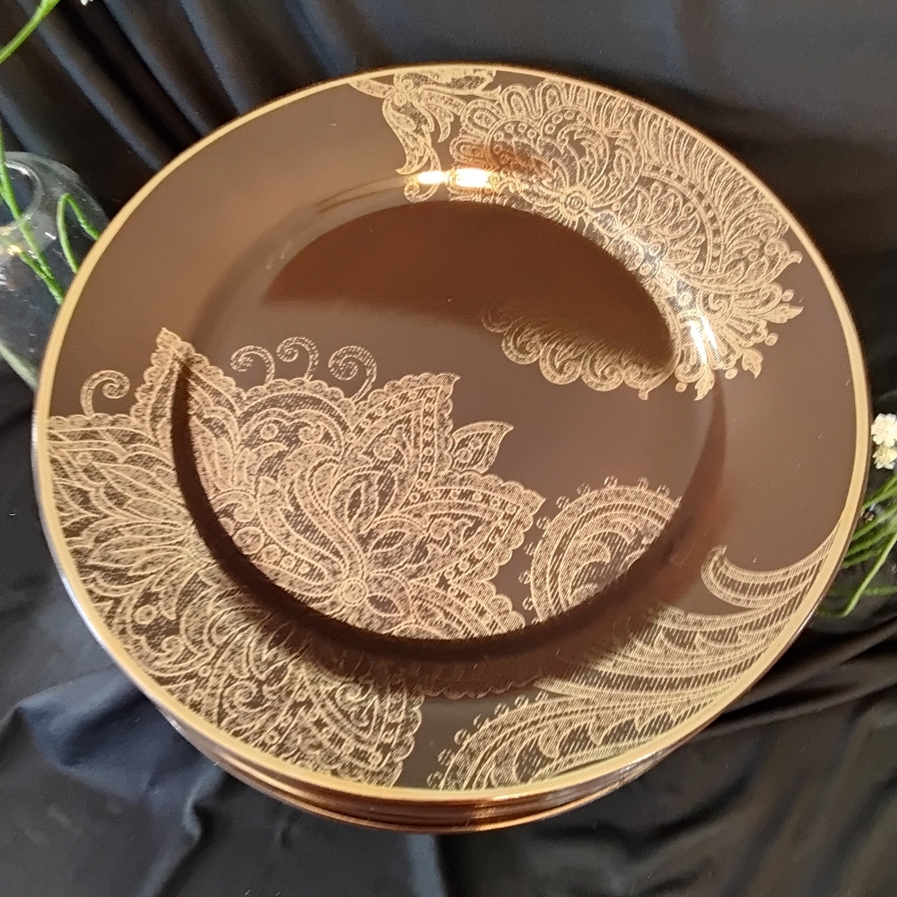 Set Of 8 Golden Holidays Ornate Brown and Gold Dinner Plates